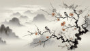 Serene Retreat Landscape Wallpaper Mural: Chinese Ink Plum Blossoms & Birds on Mountain Mist Background | Elegant Floral & Bird Design for Bedroom & Living Room