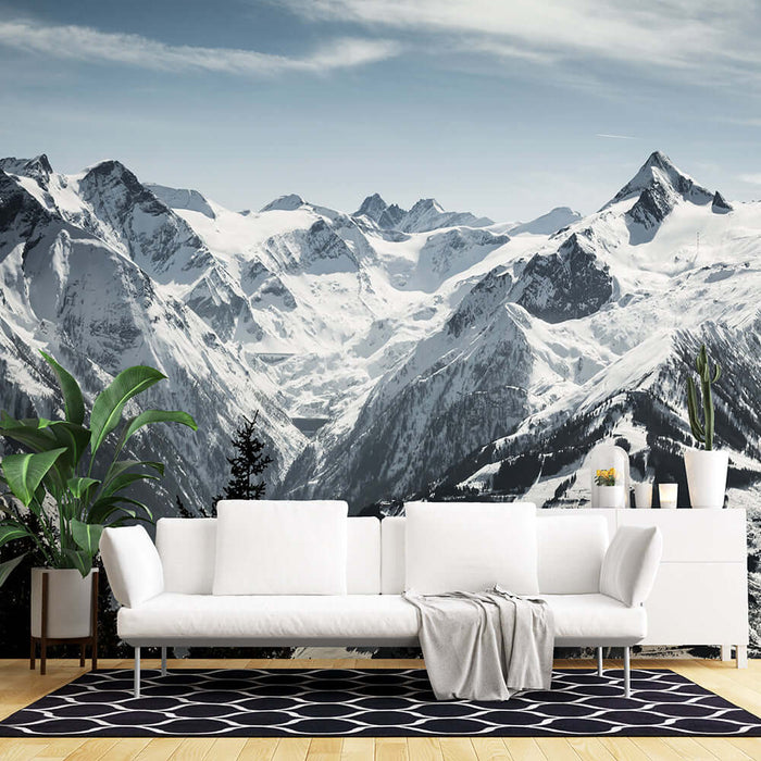 Snowy Mountain Landscape Wallpaper Mural | Alps - Minimalist natural scene with snow capped peaks, vast alpine views, and tranquil living room backdrop