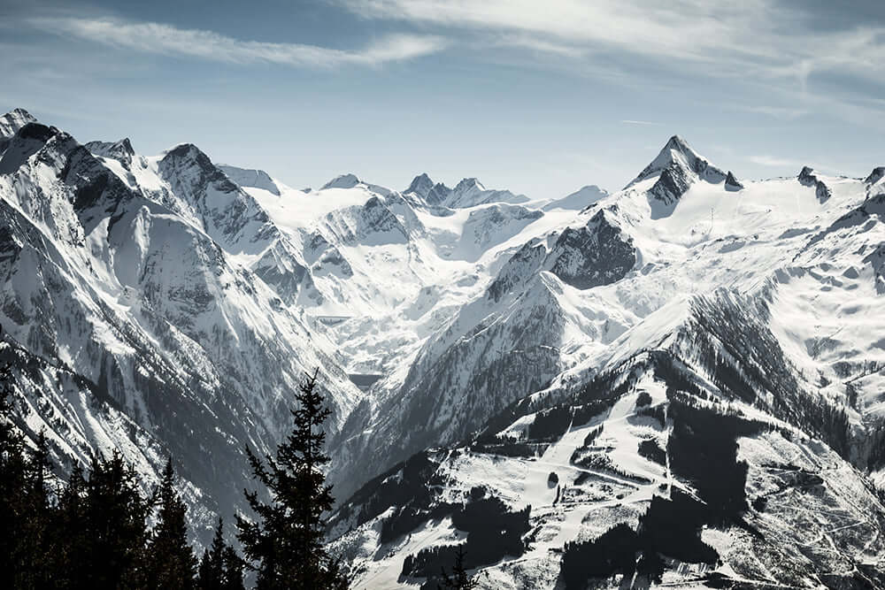 Snowy Mountain Landscape Wallpaper Mural | Alps - Minimalist realistic snow capped mountains with vast alpine views for luxurious serene bedrooms and living rooms