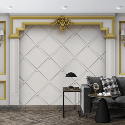 Soft bag wallpaper mural | gold border lattice with wall lamp fully show European luxury - Carving wallpaper