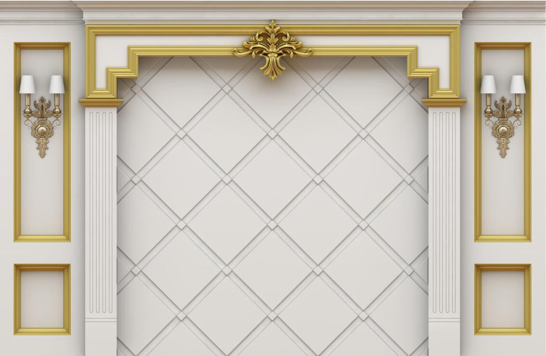 Soft bag wallpaper mural | gold border lattice with wall lamp fully show European luxury - Carving wallpaper