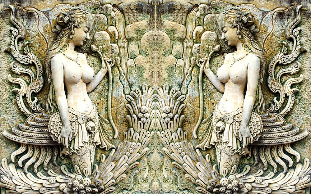 Southeast Asian Mythical Relief Wallpaper: Handcrafted 3D Temple Art Mural for Luxe Living & Bedrooms - Carving wallpaper