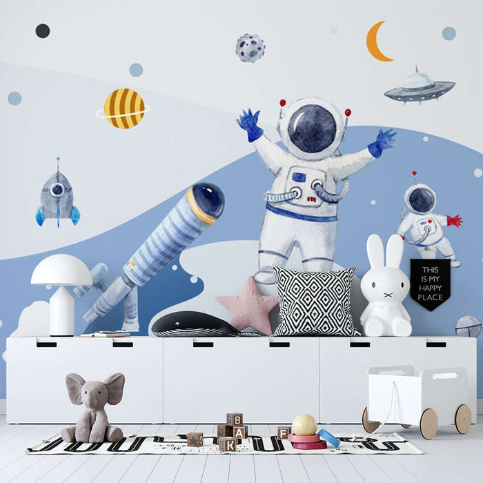 Space Adventure Wallpaper Mural for Kids' Room | Sci-Fi Astronaut Theme - vibrant astronaut scene transforming playroom into stellar space exploration haven