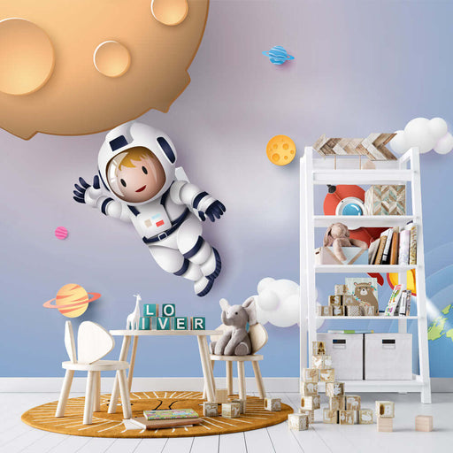 Space Astronaut Playful Mural Wallpaper for Kids Room – whimsical wall decor with friendly astronaut, rockets, and planetary accents for imagination-filled bedrooms