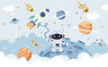 Space astronaut playful wallpaper | Children's bedroom mural featuring astronaut on cratered moon with rockets and planets