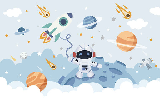 Space astronaut playful wallpaper | Children's bedroom mural featuring astronaut on cratered moon with rockets and planets