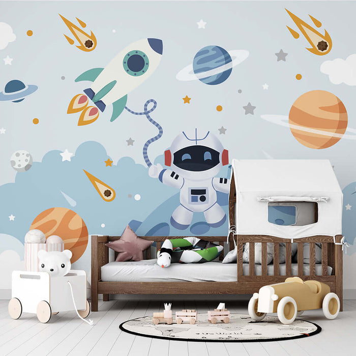 Space astronaut playful wallpaper | Children's bedroom mural featuring astronaut, rockets, and planets for an interstellar-themed kids room