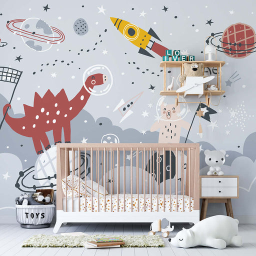 Space Dinosaur Children's Fun Wallpaper | Children's Room Bedroom Mural - whimsical space adventure wall design featuring dinos, astronauts, and rockets for a playful kids' room