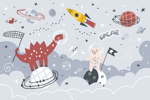 Space Dinosaur Children's Fun Wallpaper | Children's Room Bedroom Mural — whimsical space adventure scene with a red dinosaur on a planet, astronaut, rockets, and planets for a playful kids' room