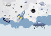 Space Rocket Children's Fun Wallpaper | Children's Room Bedroom Mural - vivid rocket and UFO space adventure scene in a child's room