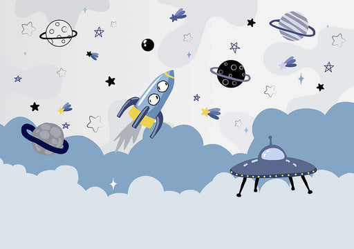 Space Rocket Children's Fun Wallpaper | Children's Room Bedroom Mural - vivid rocket and UFO space adventure scene in a child's room