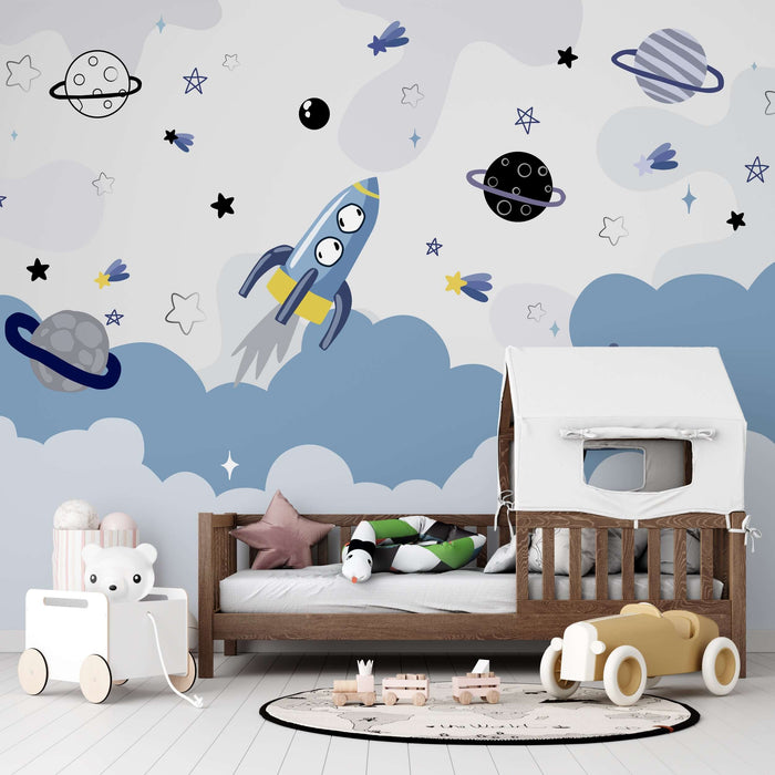 Space Rocket Children's Fun Wallpaper | Children's Room Bedroom Mural featuring a playful rocket, UFOs and planets for a sci-fi themed kids' room