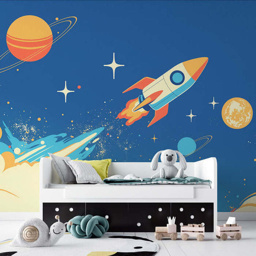 Space rocket wallpaper mural | Children's room decoration painting for kids room with rockets, planets, and stars - vibrant space exploration decor