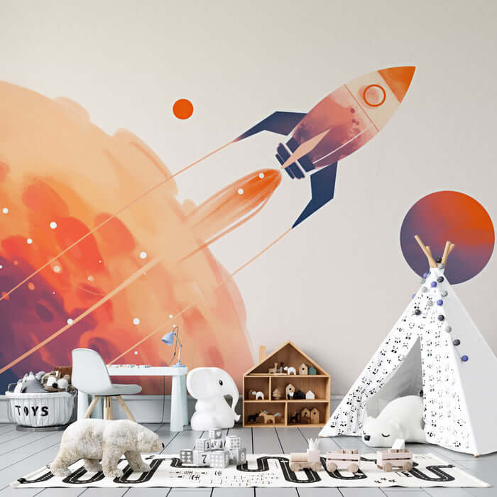 Space Rocket Wallpaper Mural — Sci-Fi Kids Room Decor | Cosmic Bedroom & Living Room Accent Wall featuring a bold orange-purple gradient rocket art for a dreamy space-inspired kids room
