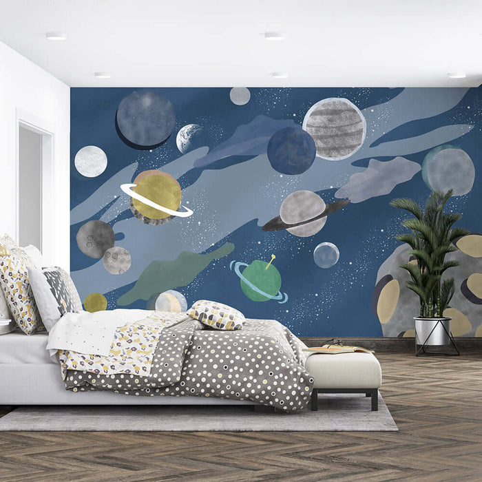 Space themed children's wallpaper | Cosmic fantasy background wall with hand-drawn planets and nebulae in a dreamy bedroom