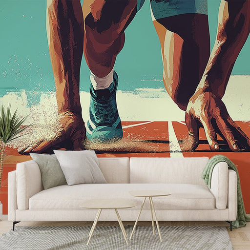 Sports Fitness Wallpaper Mural | Red Brown Runway Blue Green Background - Carving wallpaper