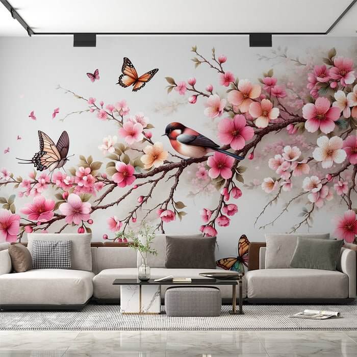 Spring Blossom Wall Mural: Pink Peach Flowers, Birds & Butterflies - HD Nature Wallpaper