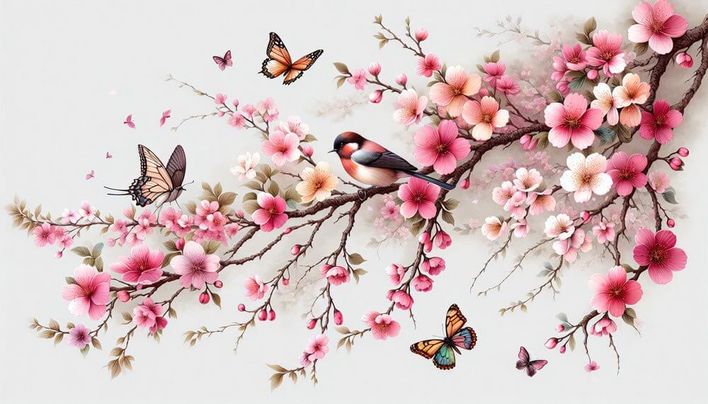 Spring Blossom Wall Mural: Pink Peach Flowers, Birds & Butterflies - HD Nature Wallpaper