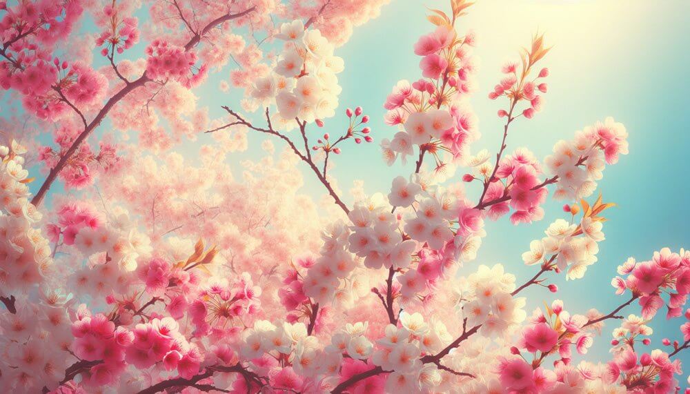 Spring Cherry Blossom Wallpaper Mural | Pink Flowers Running - dreamy pink and white cherry blossoms in bloom with blue sky backdrop
