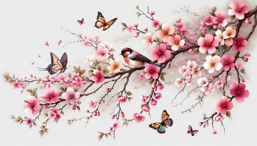 Spring Flower and Bird Wallpaper Mural | Pink Peach Blossoms - Carving wallpaper