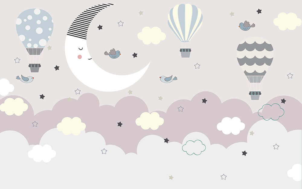 Star Moon Hot Air Balloon Wallpaper Children's Room Mural| showcases dreamy clouds, moon, stars, and hot air balloons for a whimsical children's room wall decor
