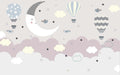 Star Moon Hot Air Balloon Wallpaper Children's Room Mural| showcases dreamy clouds, moon, stars, and hot air balloons for a whimsical children's room wall decor