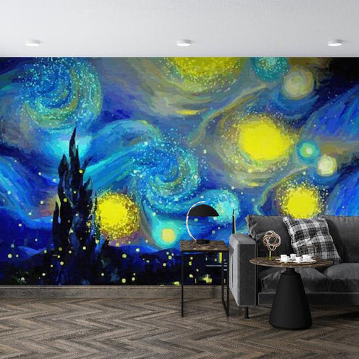 Starry Sky Art Mural Wallpaper | Colorful Brushstrokes Create a Dreamy Night Scene - Carving wallpaper