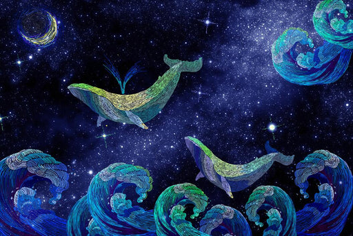 Starry Sky Whale Wallpaper Mural | Children's Starry Sky Whale Waves - Carving wallpaper