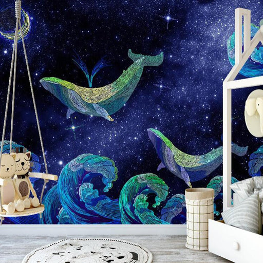 Starry Sky Whale Wallpaper Mural | Children's Starry Sky Whale Waves - Carving wallpaper