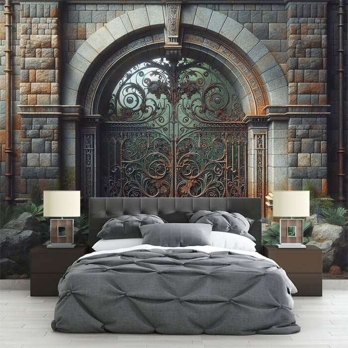 Stone wall paper mural | Iron door in medieval stone archway with ornate wrought iron gate, bedroom scene with bed and nightstands