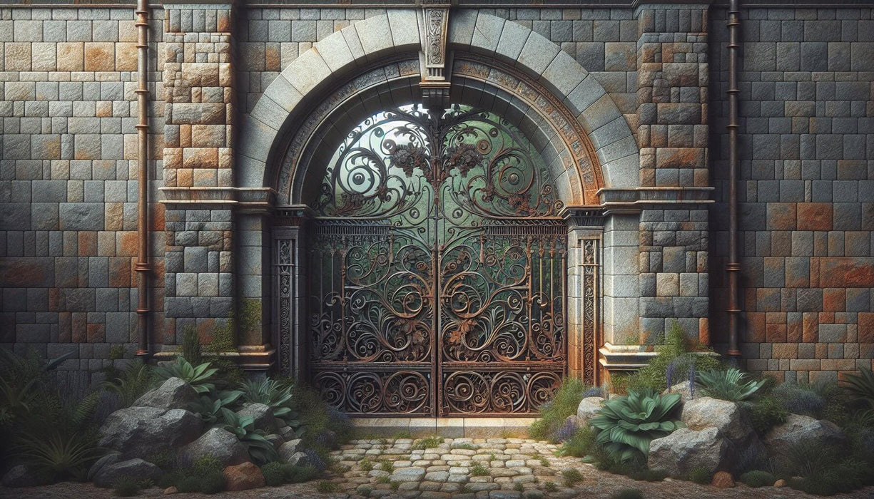 Stone wall paper mural | Iron door - medieval stone wall with ornate ironwork gate at arched doorway, cobblestone path, lush greenery