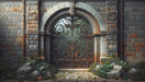 Stone wall paper mural | Iron door - medieval stone wall with ornate ironwork gate at arched doorway, cobblestone path, lush greenery