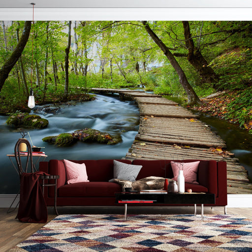 Stream Wooden Bridge Wallpaper Mural | Forest - Carving wallpaper