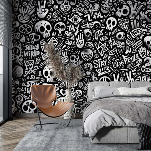 Street art mural wallpaper | Black and white skull decoration with bold graffiti, skulls and symbols for rebellious bedroom decor