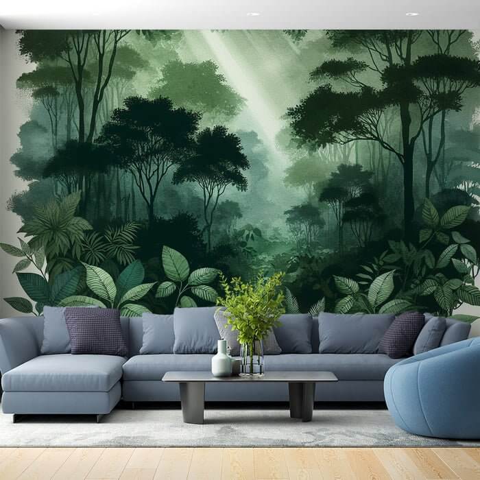 Sunlit Green Forest Wallpaper Mural | Realistic Canopy with Light Holes for Tranquil Ambiance - vivid sun-dappled forest scene with emerald foliage and ethereal beams
