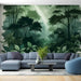 Sunlit Green Forest Wallpaper Mural | Realistic Canopy with Light Holes for Tranquil Ambiance - vivid sun-dappled forest scene with emerald foliage and ethereal beams