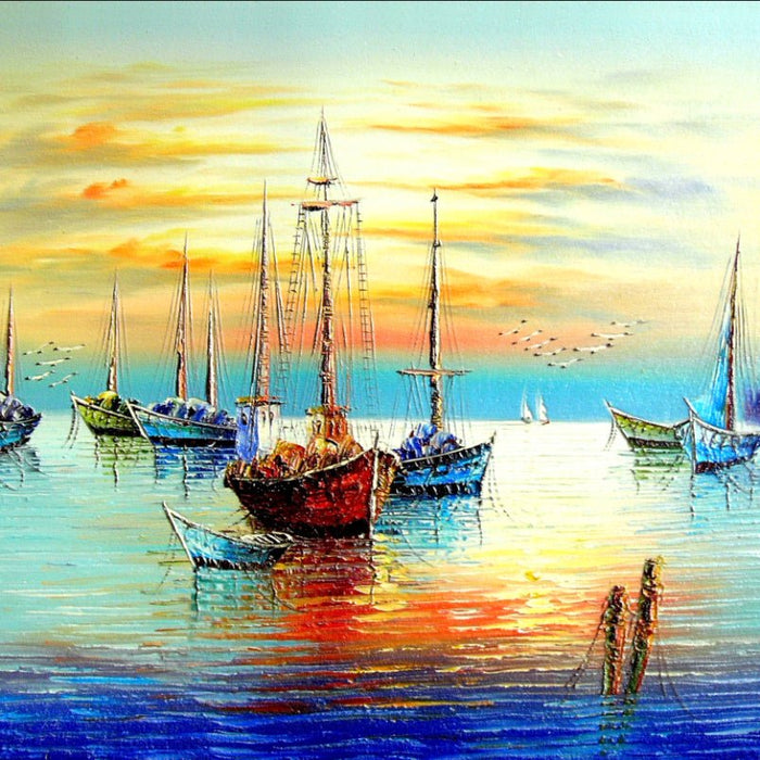 Sunset Boat Wallpaper mural | A magnificent painting of the harbour sunset - Carving wallpaper