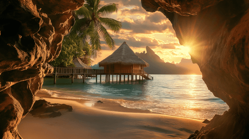 Sunset Sea View Mural Wallpaper | Cave View Beach - Carving wallpaper