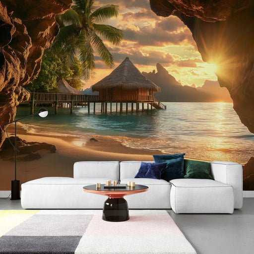 Sunset Sea View Mural Wallpaper | Cave View Beach - Carving wallpaper