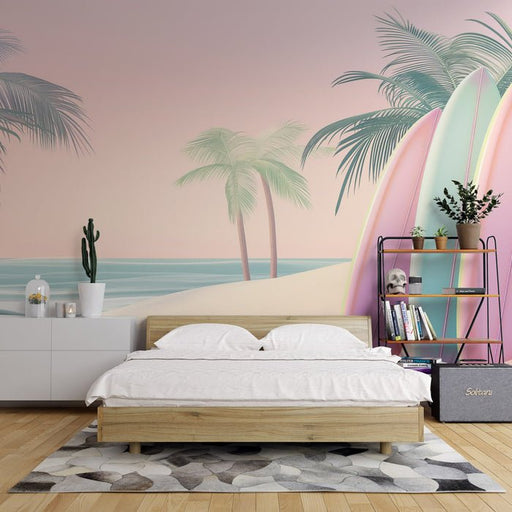 Surfing Wallpaper Mural | Pink Painting Board and Beach - Carving wallpaper