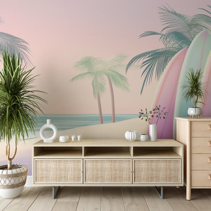 Surfing Wallpaper Mural | Pink Painting Board and Beach - Carving wallpaper