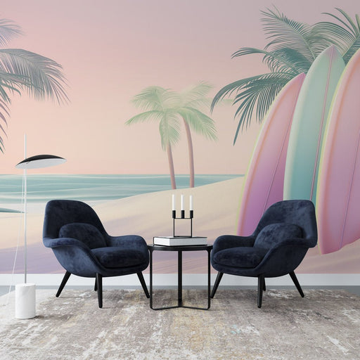Surfing Wallpaper Mural | Pink Painting Board and Beach - Carving wallpaper