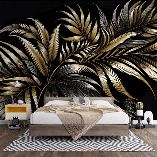 The composition of black and gold wallpaper with gold and black leaves - Carving wallpaper