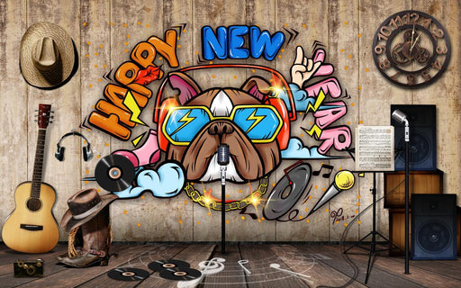 The dog wallpaper mural with a bright smile | has a festive and lively feeling - Carving wallpaper