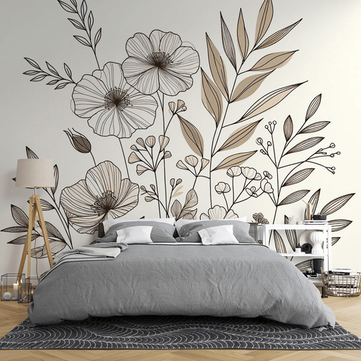 The line art of various flowers and leaves in beige leaf wallpaper with beige tones - Carving wallpaper