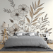 The line art of various flowers and leaves in beige leaf wallpaper with beige tones - Carving wallpaper