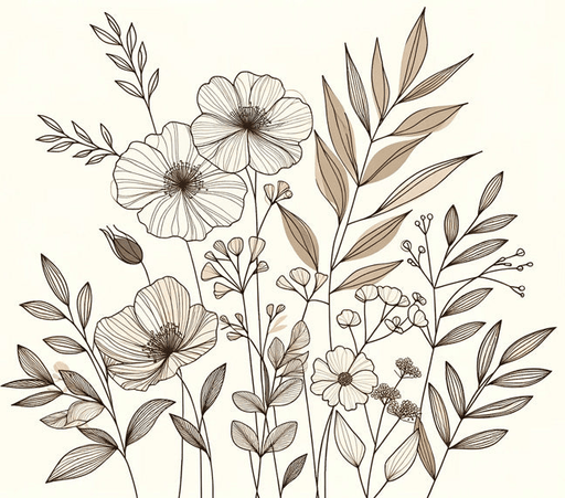 The line art of various flowers and leaves in beige leaf wallpaper with beige tones - Carving wallpaper