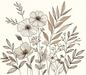 The line art of various flowers and leaves in beige leaf wallpaper with beige tones - Carving wallpaper