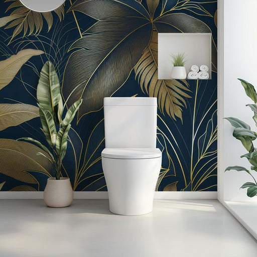 Toilet Wallpaper Mural | Golden Leaves on Midnight Blue Background - Carving wallpaper