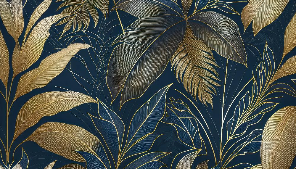 Toilet Wallpaper Mural | Golden Leaves on Midnight Blue Background - Carving wallpaper